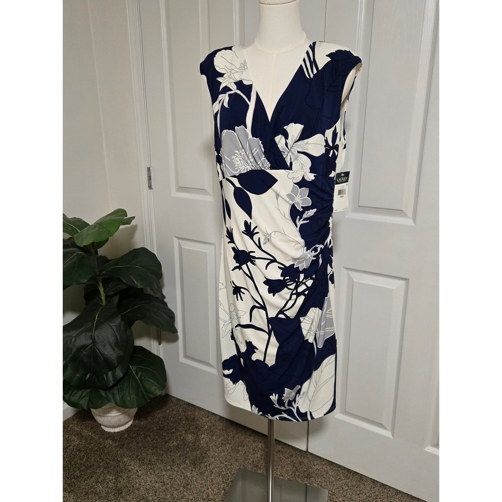 Lauren Ralph Lauren Floral Sheath Dress Womens 16P Navy‎ Cream Ruched V-Neck